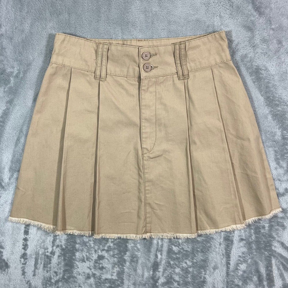 H&M Pleated Mini Skirt Girls Size 20 Beige Khaki Frayed Hem Cotton Twill New XL